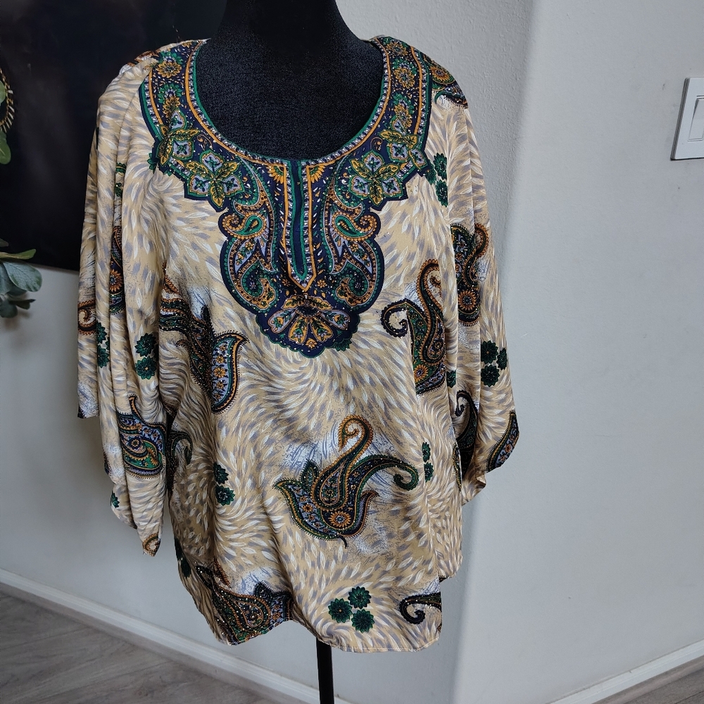 Stacey Summers Embroidered Paisley Tunic Top in Beige and Green Size XXL NWNT
